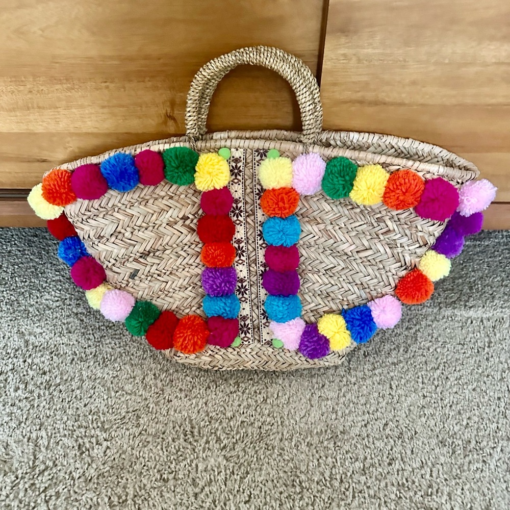 Beach Straw Tote with Pom Poms
